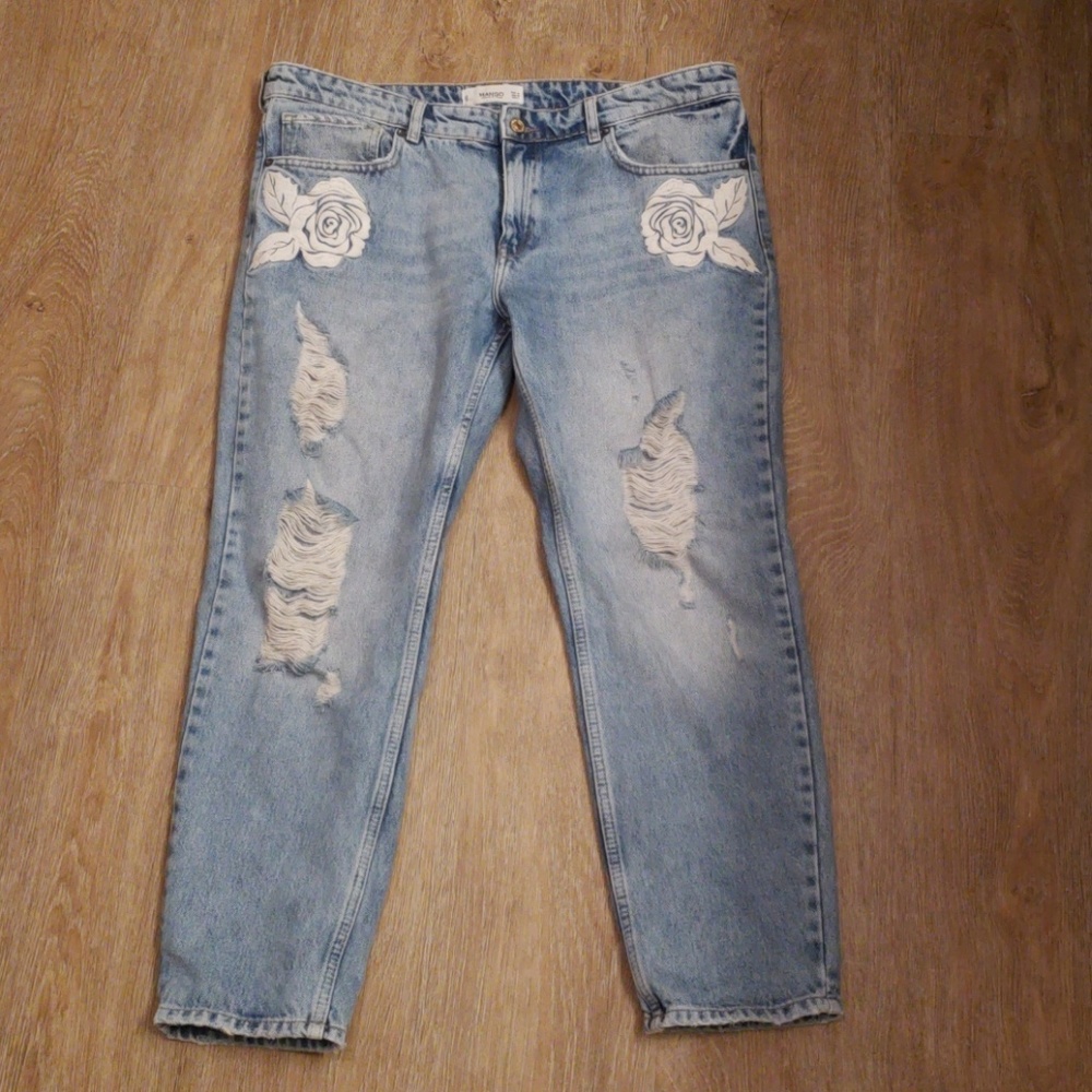 MANGO Distressed Jeans with Floral Embroidery